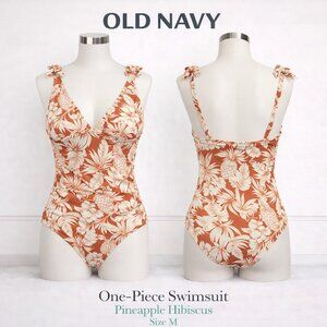 NWT Old Navy OLX Pineapple Hibiscus Deep V One-Piece Swimsuit M